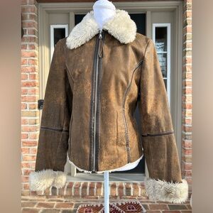 Vintage Y2K Express distressed brown leather jacket faux fur collar cuffs boho